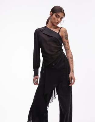 AllSaints - Anaya - Schulterfreies, asymmetrisches Oberteil in Schwarz mit einem Ärmel und Rüschen