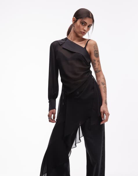 AllSaints – Anaya – Schulterfreies, asymmetrisches Oberteil in Schwarz mit einem Ärmel und Rüschen - view 1