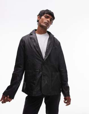 AllSaints Andrius leather blazer in black - view 1
