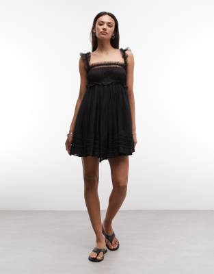 Angela - Ärmelloses, kurzes Babydoll-Kleid in Schwarz mit Raffung Schwarz 40
