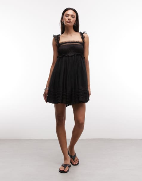 AllSaints – Angela – Ärmelloses, kurzes Babydoll-Kleid in Schwarz mit Raffung - view 1