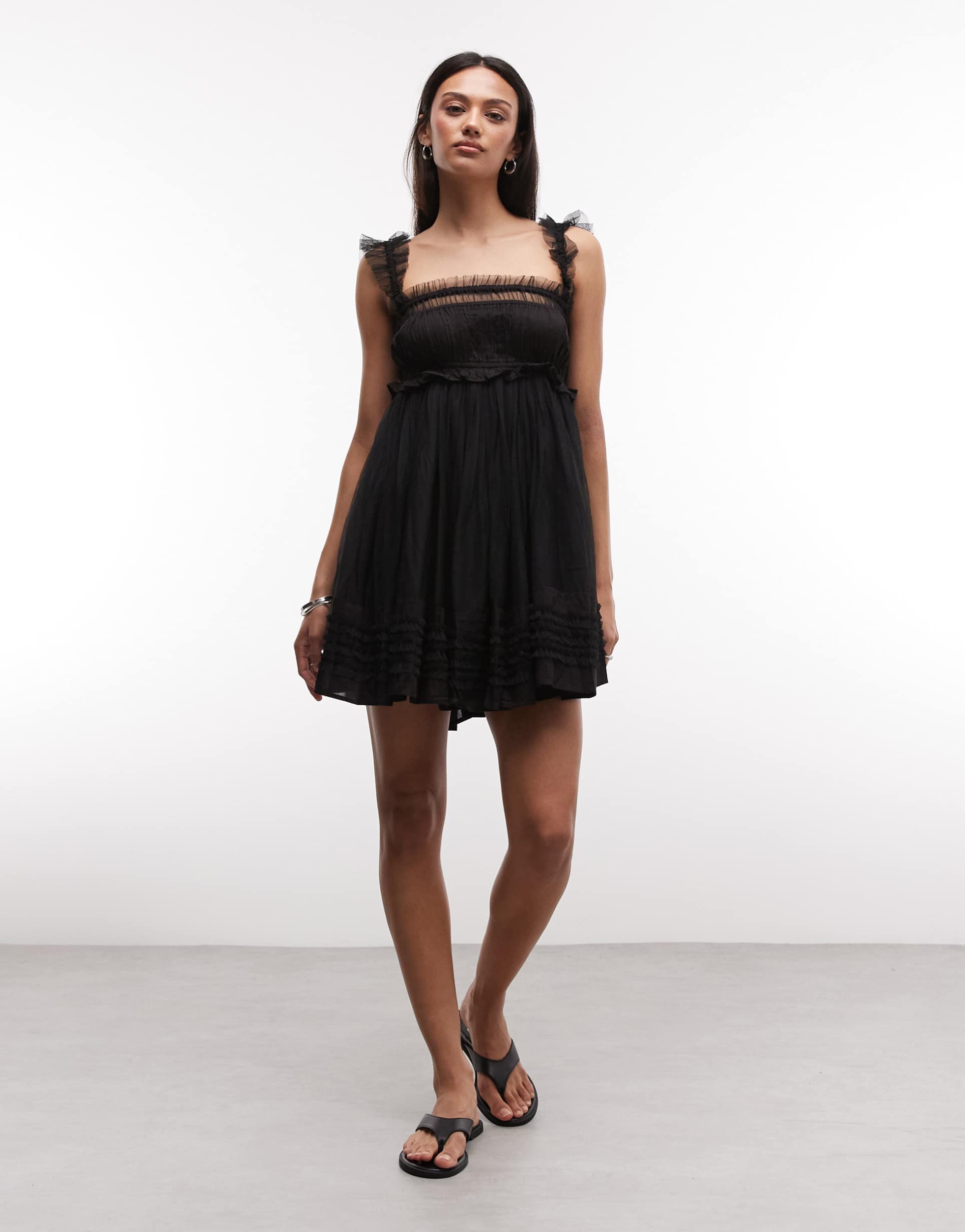 allsaints angela sleeveless lace ruched mini babydoll dress in black