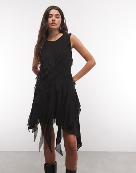 AllSaints Angie volangklänning med asymmetrisk midi-längd i svart - view 1