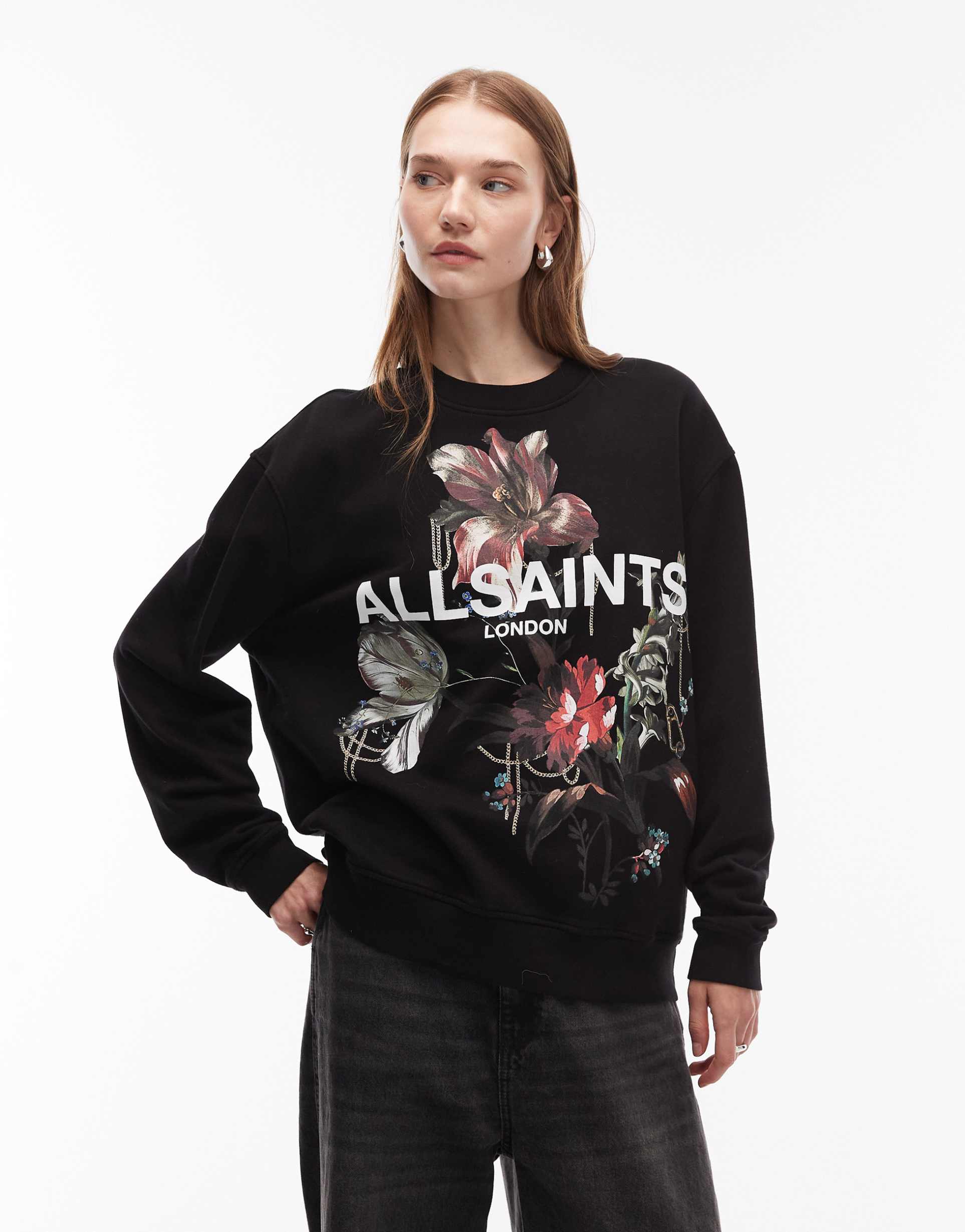 allsaints ania etta floral graphic sweatshirt in black