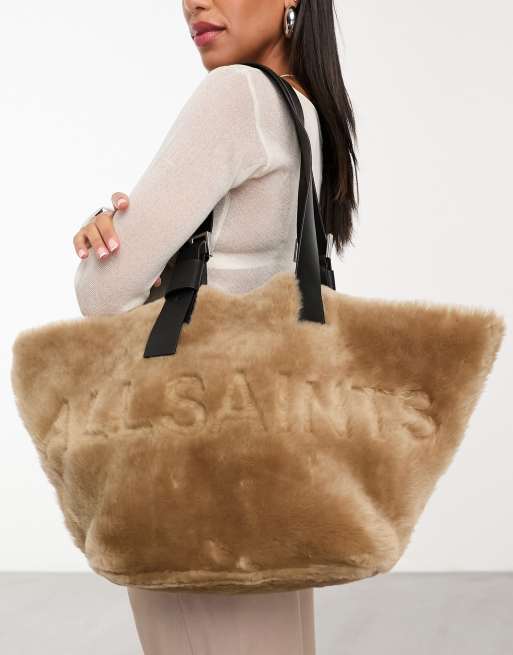 AllSaints – Anik – Brun toteväska i läder och fårskinnsimitation