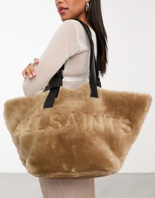 AllSaints Anik leather shearling tote bag in brown