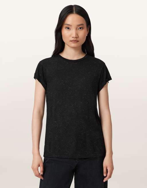 AllSaints – Anna – Schimmerndes T-Shirt in Schwarz