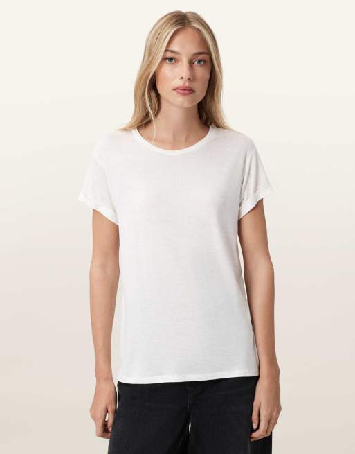 AllSaints – Anna – Schimmerndes T-Shirt in Steinweiß