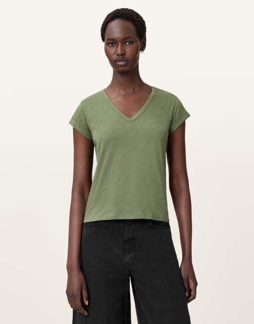 AllSaints – Anna – T-Shirt in Grasgrün mit V-Ausschnitt