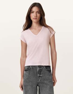 AllSaints - Anna - T-Shirt in Mauve-Kreiderosa mit V-Ausschnitt