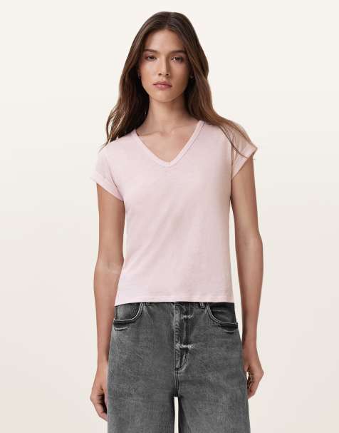 AllSaints – Anna – T-Shirt in Mauve-Kreiderosa mit V-Ausschnitt - view 1