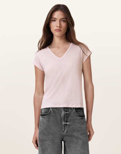 AllSaints – Anna – T-Shirt in Mauve-Kreiderosa mit V-Ausschnitt