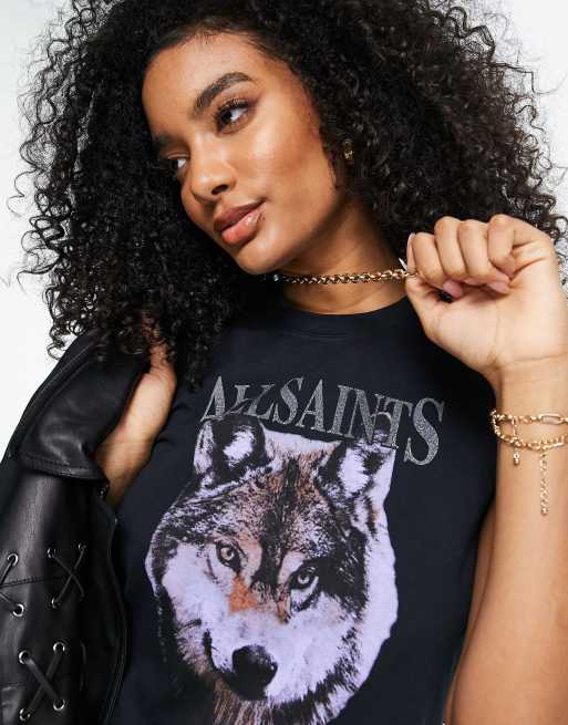 AllSaints – Anna – Vintagesvart t-shirt med logga och vargtryck, 3 av 4