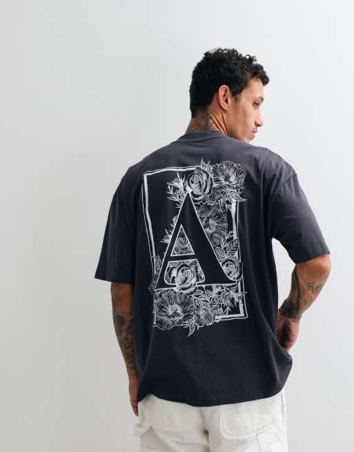 AllSaints Anthos short sleeve graphic logo t-shirt with back print in washed black, 2 of 5