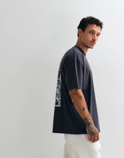 AllSaints Anthos short sleeve graphic logo t-shirt with back print in washed black, 3 of 5