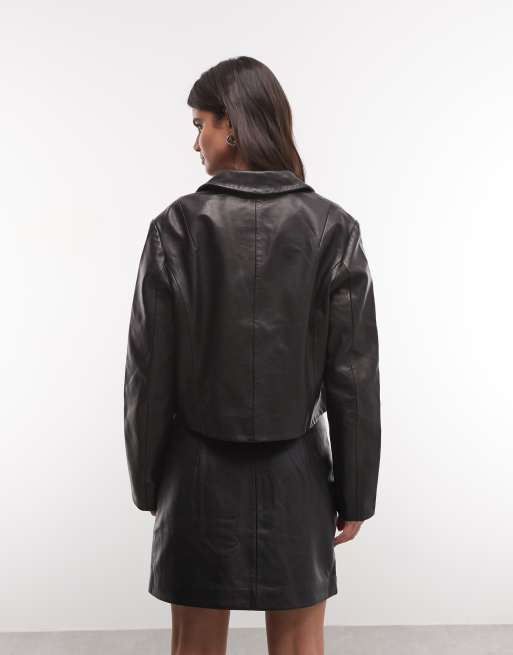 AllSaints Apton lambs leather cropped blazer in black, 4 of 4