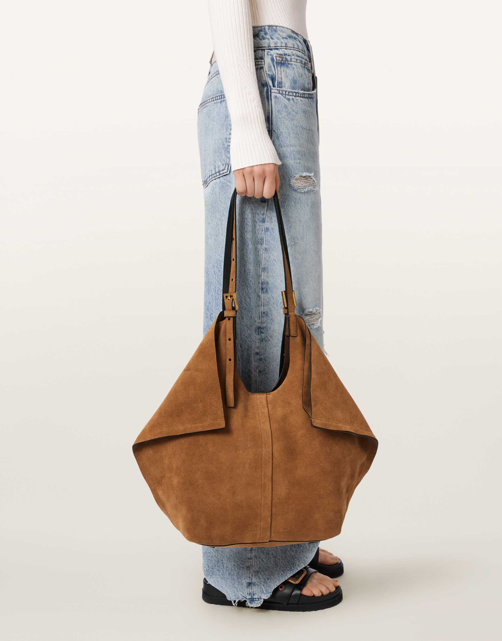 allsaints ara suede leather tote bag in brown