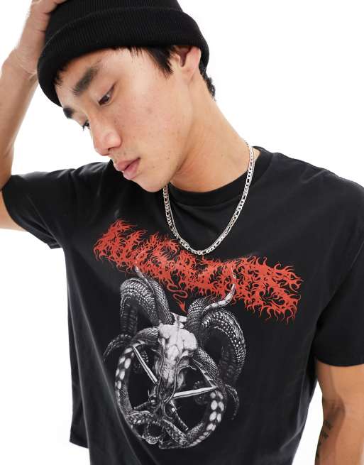 AllSaints – Archon – T-Shirt in verwaschenem Schwarz mit Grafikprint in Grunge-Optik