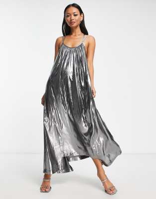 AllSaints Areena metallic maxi dress in gunmetal