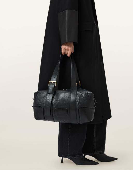 AllSaints – Ares – Genarbte Schultertasche in Schwarz