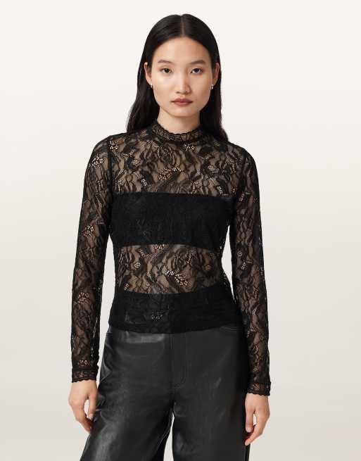 AllSaints – Aria – Spitzenoberteil in Schwarz