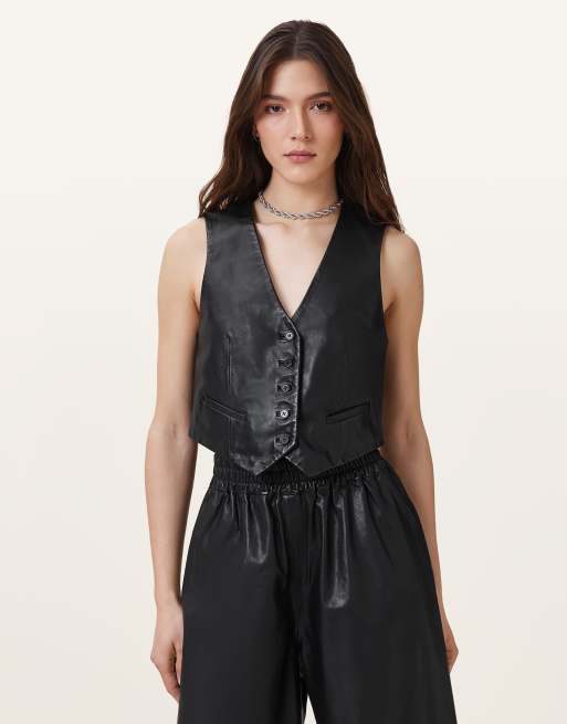 AllSaints – Arla – Weste aus Leder in Schwarz
