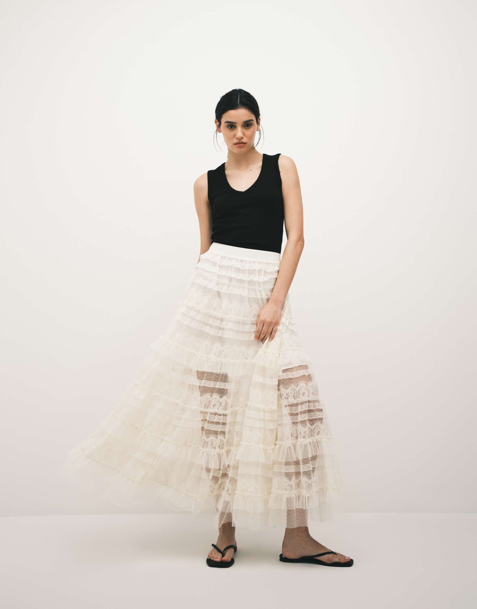 allsaints arlea lace tulle ruffled maxi skirt in antique white