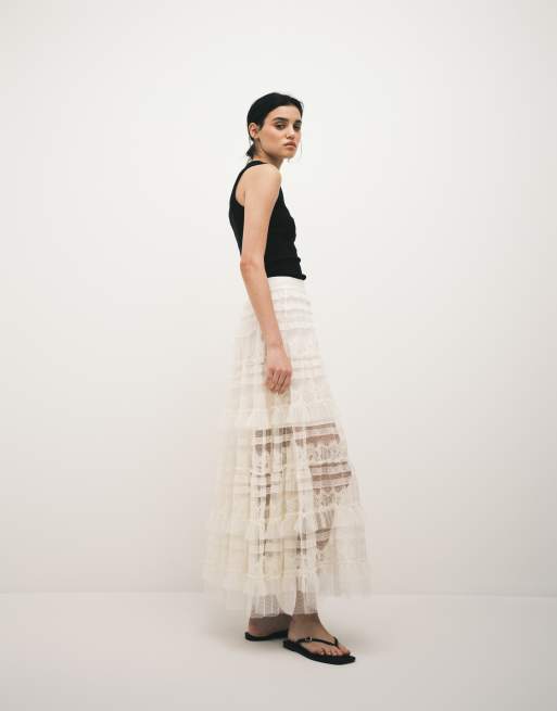 AllSaints arlea lace tulle ruffled maxi skirt in antique white, 2 of 5