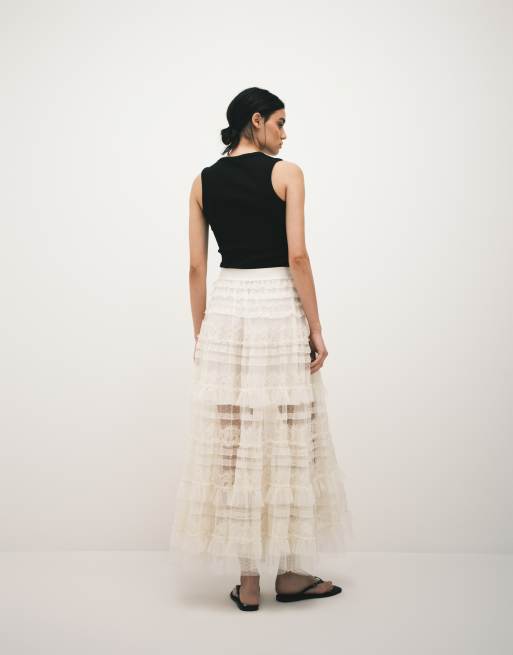 AllSaints arlea lace tulle ruffled maxi skirt in antique white, 3 of 5