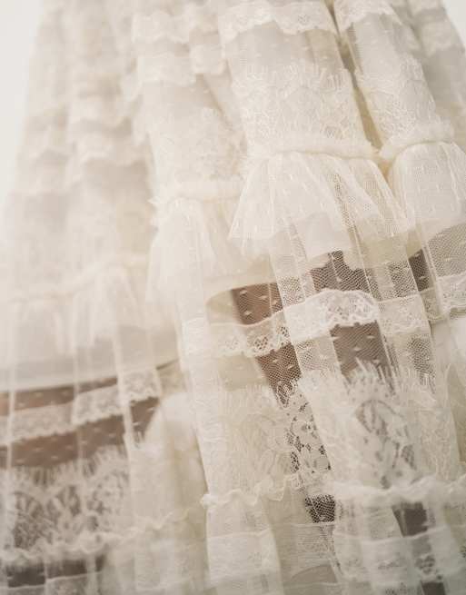 AllSaints arlea lace tulle ruffled maxi skirt in antique white, 4 of 5