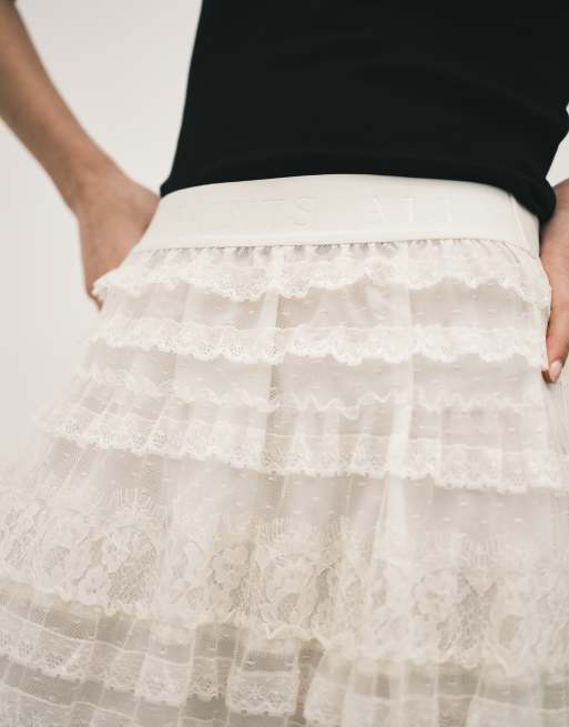 AllSaints arlea lace tulle ruffled maxi skirt in antique white | ASOS