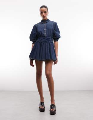 Allsaints Arlo Balloon Sleeve Button Down Denim Mini Dress In Blue