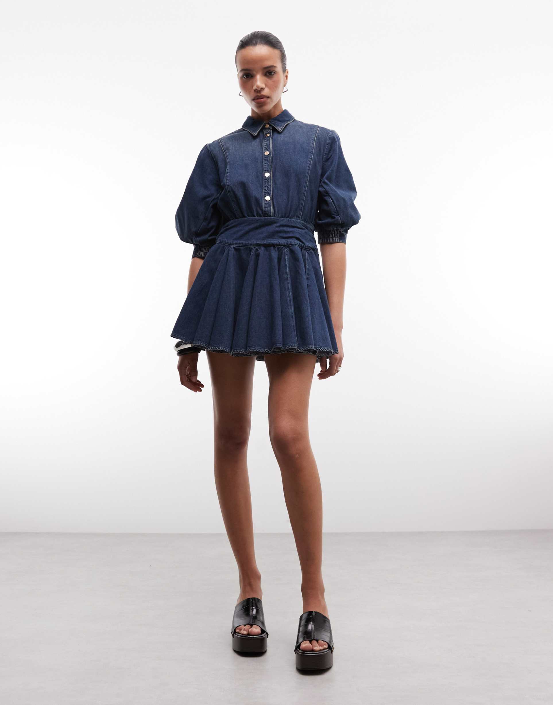 allsaints arlo balloon sleeve button down denim mini dress in mid indigo