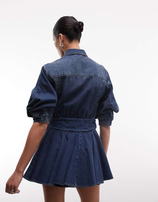 AllSaints arlo balloon sleeve button down denim mini dress in mid indigo, 4 of 4
