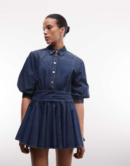 AllSaints - Arlo - Robe courte boutonnée en jean à manches ballon - Indigo moyen, 2 de 4
