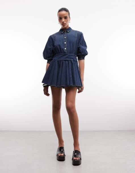 AllSaints - Arlo - Vestito corto in denim con maniche a palloncino e bottoni color indaco medio - view 1