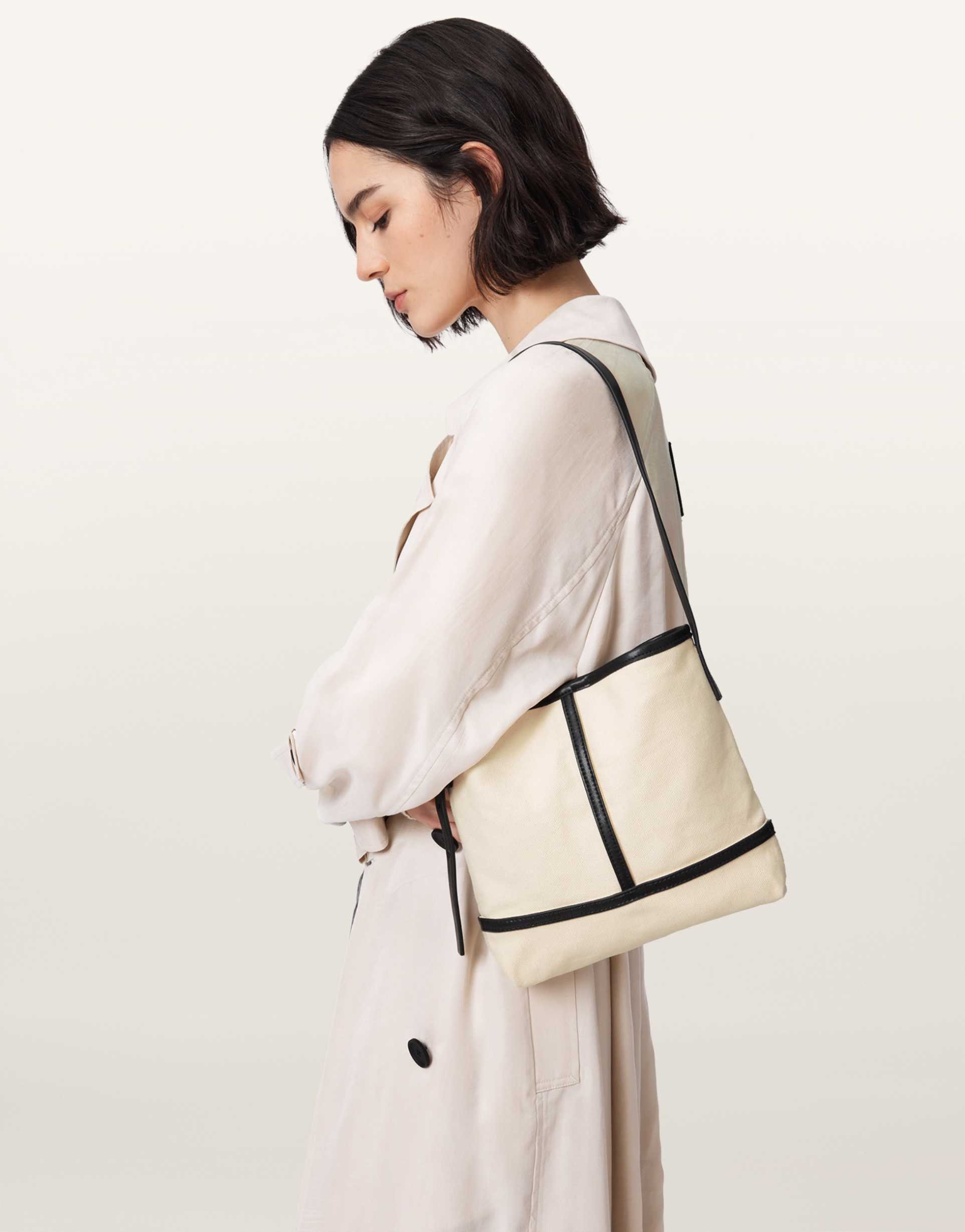 allsaints asha mini canvas tote bag in off white