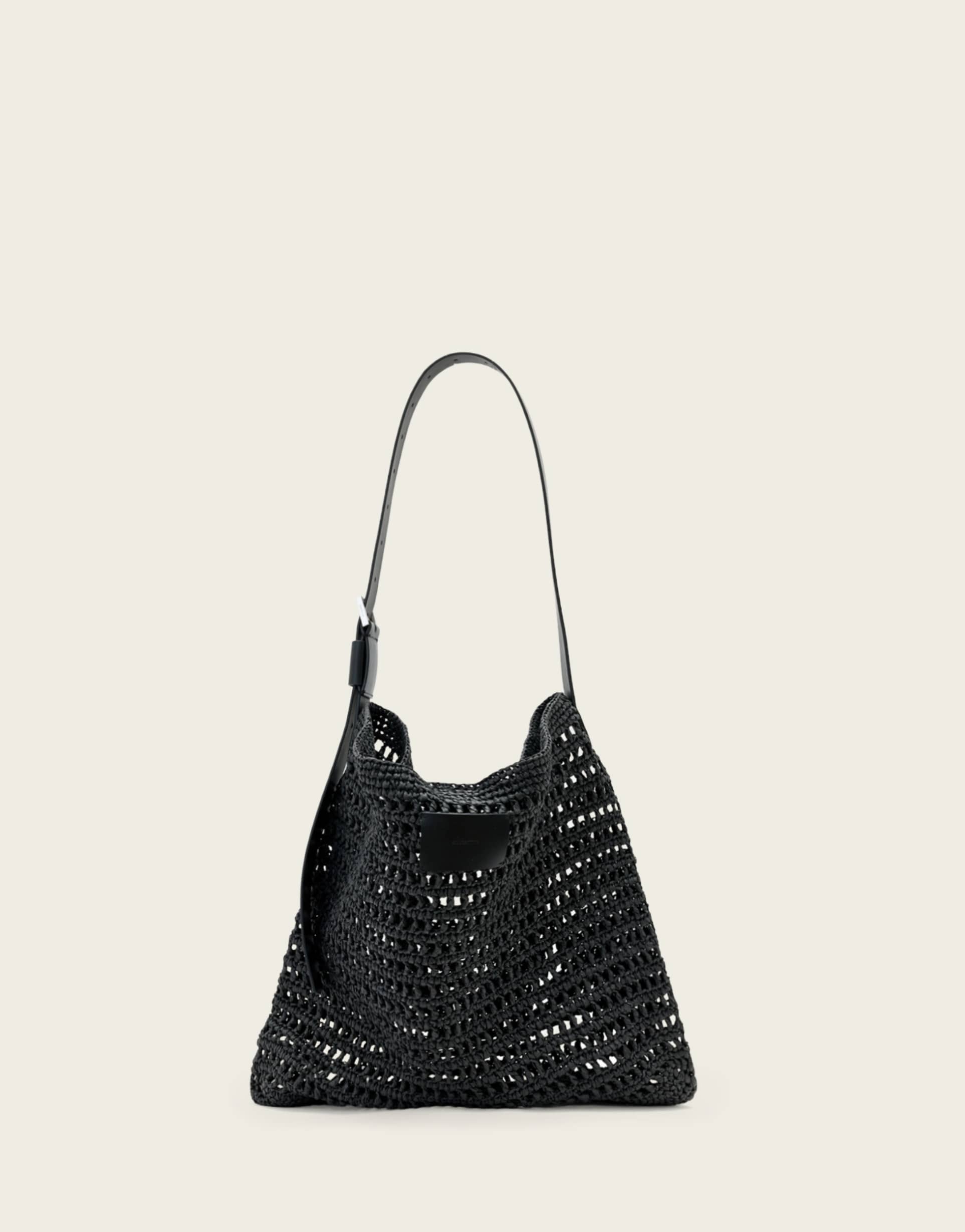 allsaints asha woven paper mesh shoulder bag in black