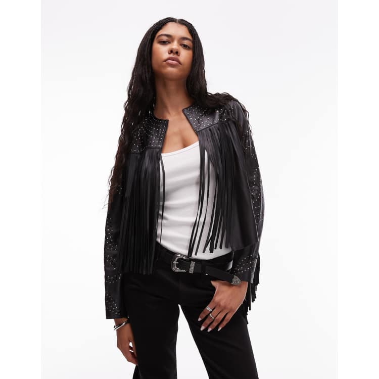 Allsaints Asta western tassle leather jacket in black | ASOS