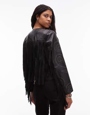 Allsaints Asta western tassle leather jacket in black | ASOS