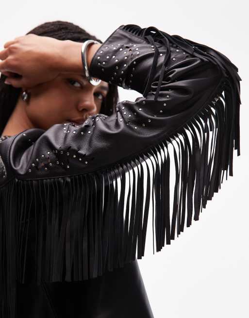 Allsaints Asta western tassle leather jacket in black | ASOS