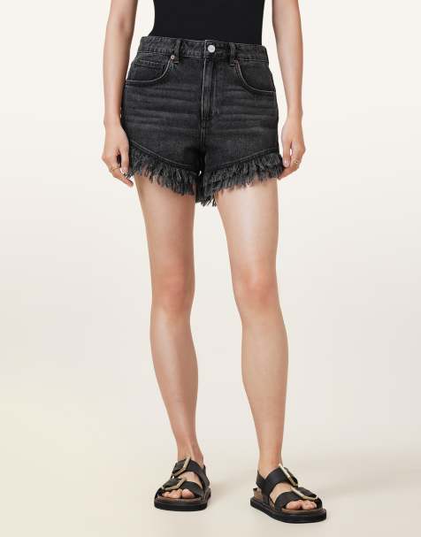 AllSaints – Astrid – Shorts in verwaschenem Schwarz mit Fransen - view 1