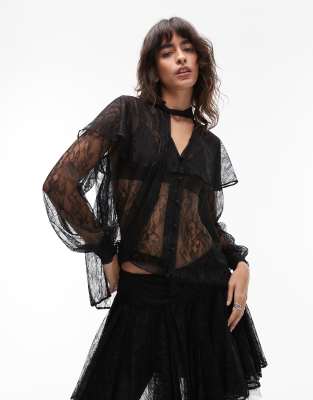 AllSaints - Athena - Boho-Hemdbluse aus Spitze in Schwarz