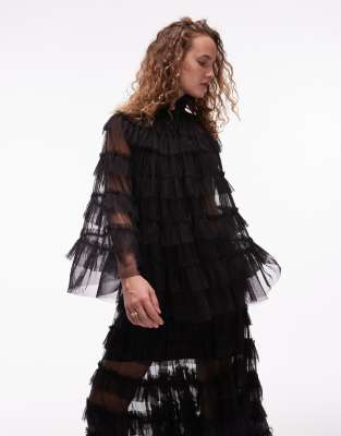 AllSaints - Aude - Cape-Oberteil in Schwarz mit Rüschen