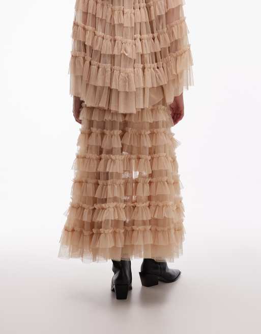 AllSaints – Aude – Pudroworóżowa spódnica maxi z falbankami, 4 z 5