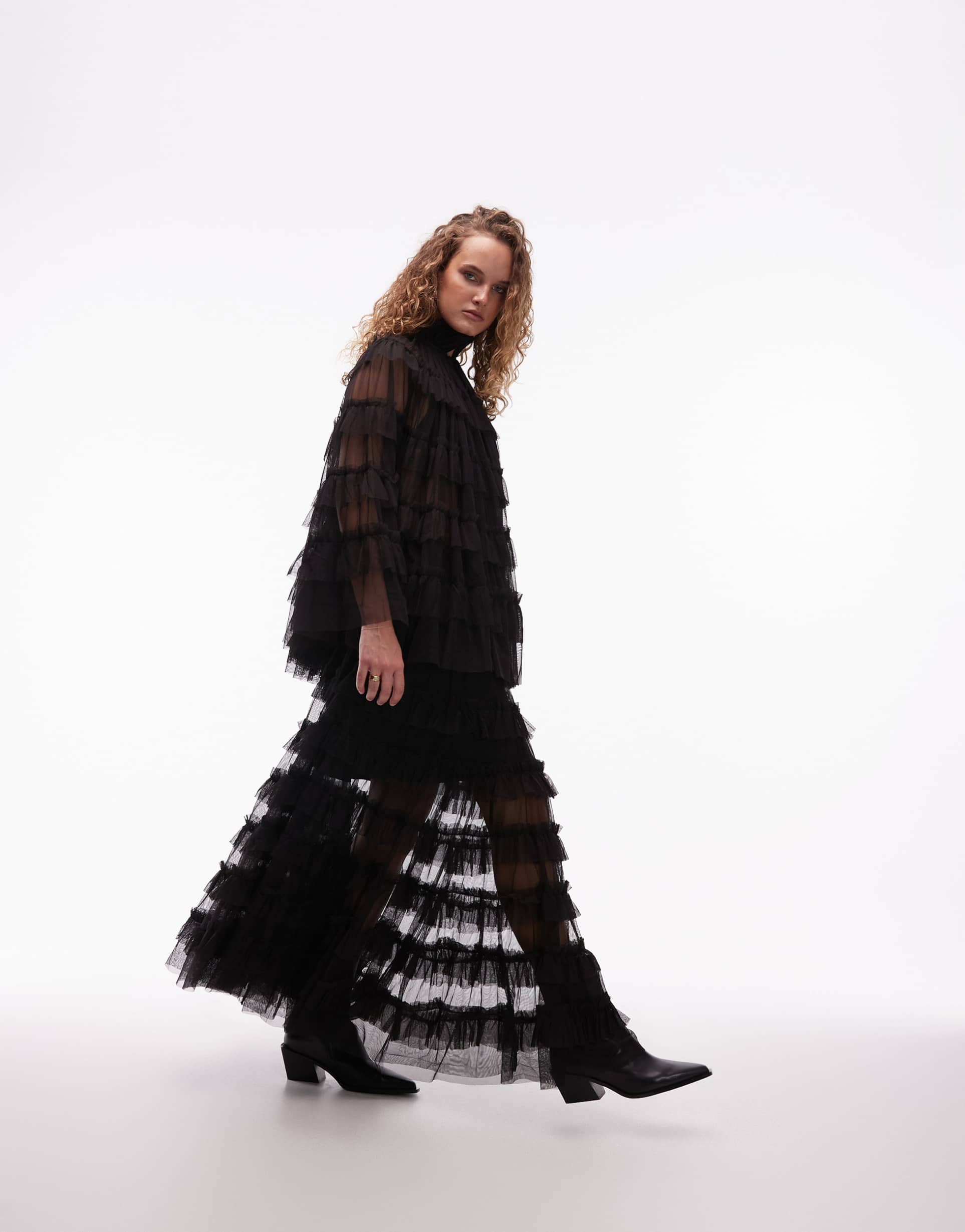 allsaints aude ruffle maxi skirt in black