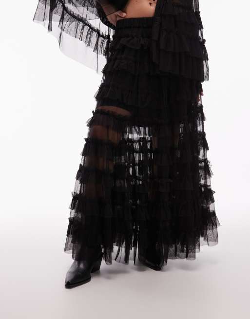 Allsaints aude ruffle maxi skirt in black, 2 of 5
