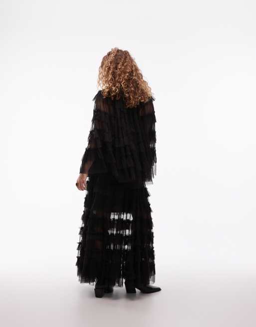 Allsaints aude ruffle maxi skirt in black, 5 of 5