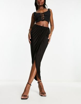 AllSaints Aurelia slinky midi skirt in black - ASOS Price Checker