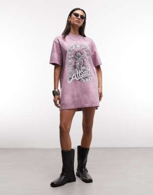 Avalon - Robe t-shirt courte effet tie-dye avec manches courtes et logo graphique au dos - Rose 30-32